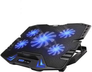 TopMate C5 10-15.6 inch Gaming Laptop Cooler Cooling Pad, 5 Quiet Fans and LCD Screen, 5 Heights Adjustment, 2 USB Port and Blue LED Light Roll over image to zoom in TopMate C5 10-15.6 inch Gaming Laptop Cooler Cooling Pad